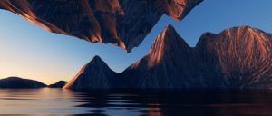 Fantasy landscape panorama with mountains reflecting in the water.